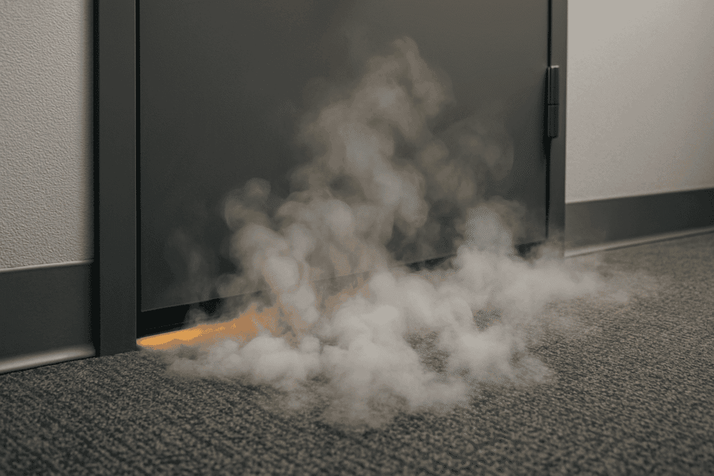 Smoke seeping under an office door illustrating the importance of smoke seals for building fire safety compliance.